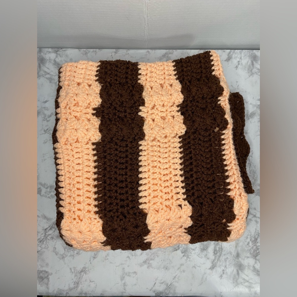 Crochet Afghan Throw Blanket Brown & Peach Stripes Handmade 52” X 47”